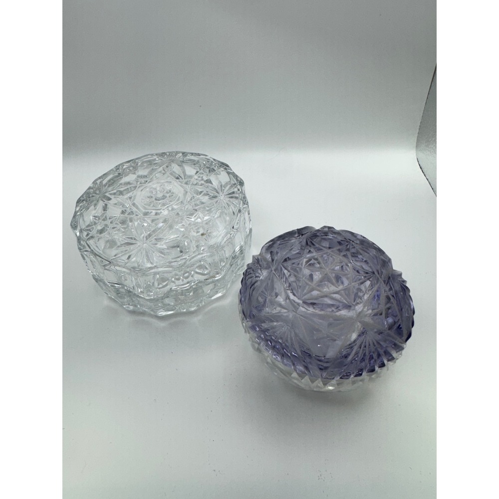 Vintage Cut Glass Trinket Box Set Clear and Lavender Crystal Jewelry Dish 2pc